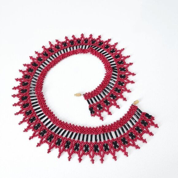 Handmade Womens Ukrainian Geometric Beaded Statement Collar Necklace Red Black - Picture 2 of 5